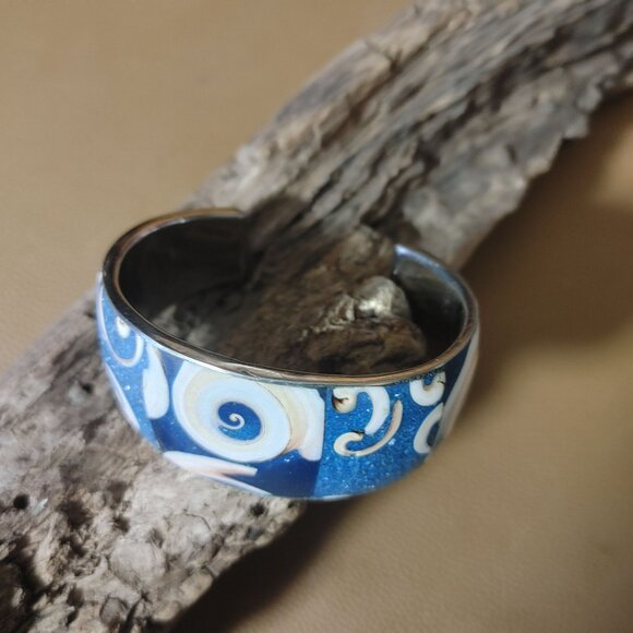 Conch Shell Inlay Swirl Textured Cuff Bracelet Blue Pink White Natural Stone - Picture 4 of 14